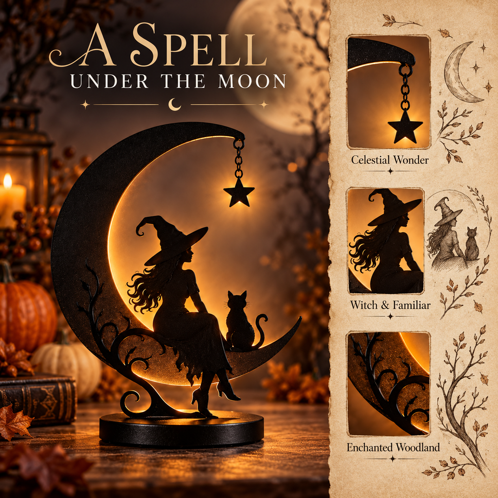 Moonlit Witch & Cat LED Decor