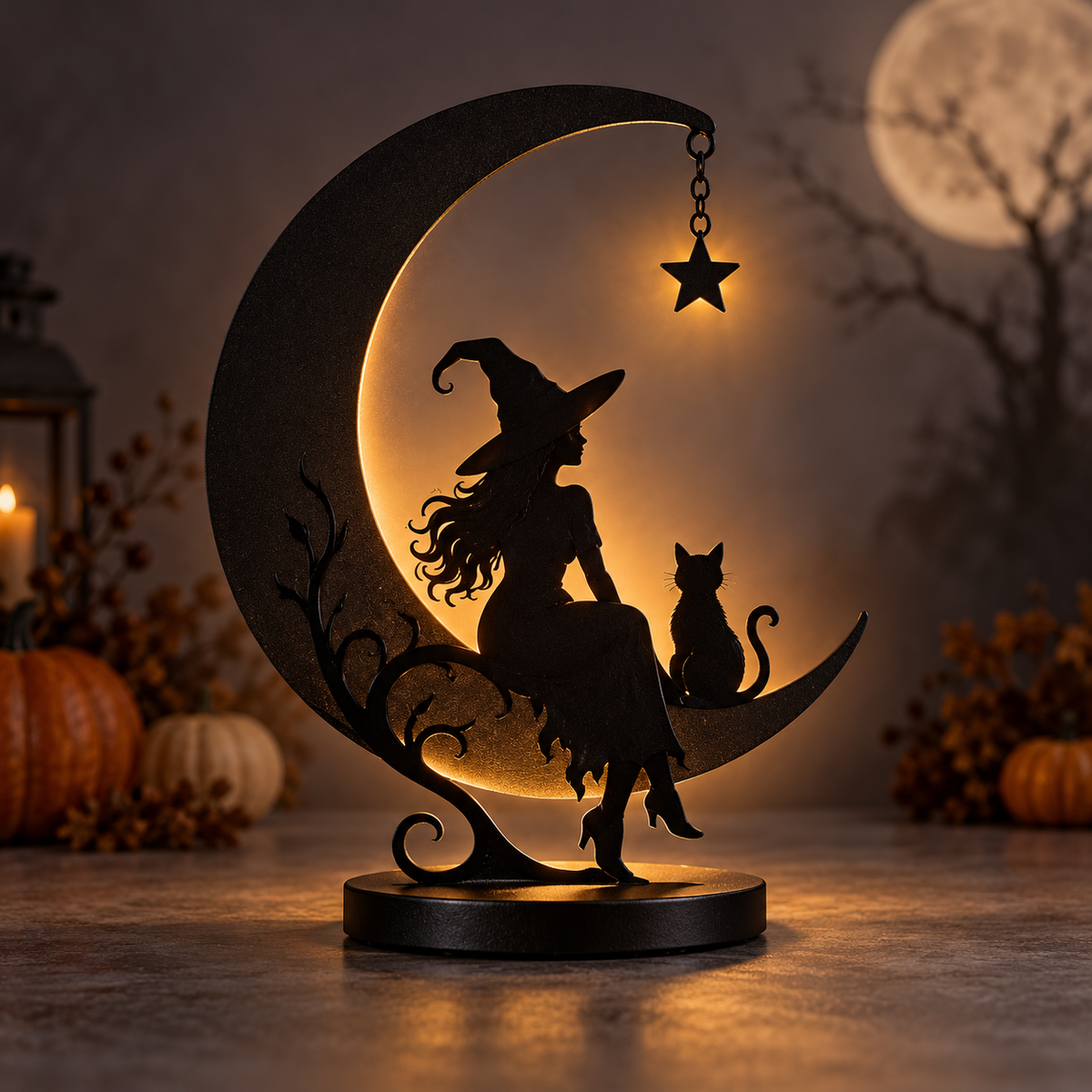Moonlit Witch & Cat LED Decor