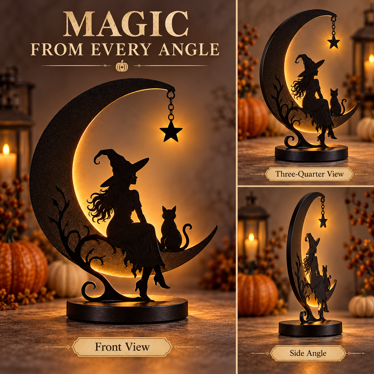 Moonlit Witch & Cat LED Decor