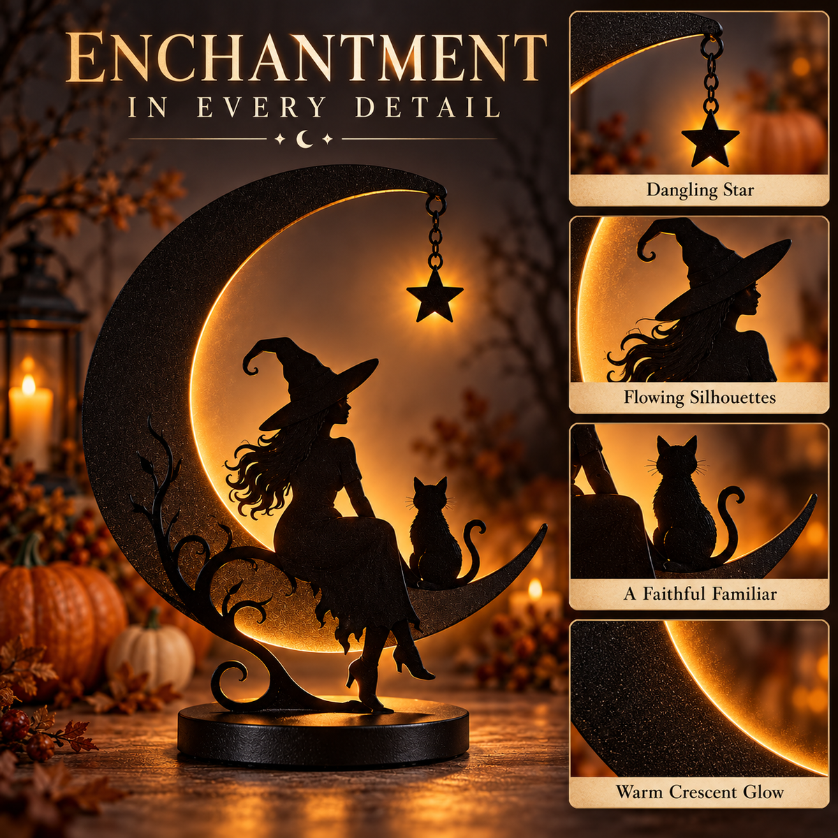 Moonlit Witch & Cat LED Decor